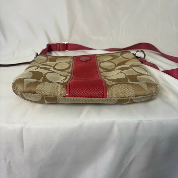 Coach Signature Stripe Duffle Crossbody Bag Khaki Jacquard Pink Patent Leather - Picture 7 of 12